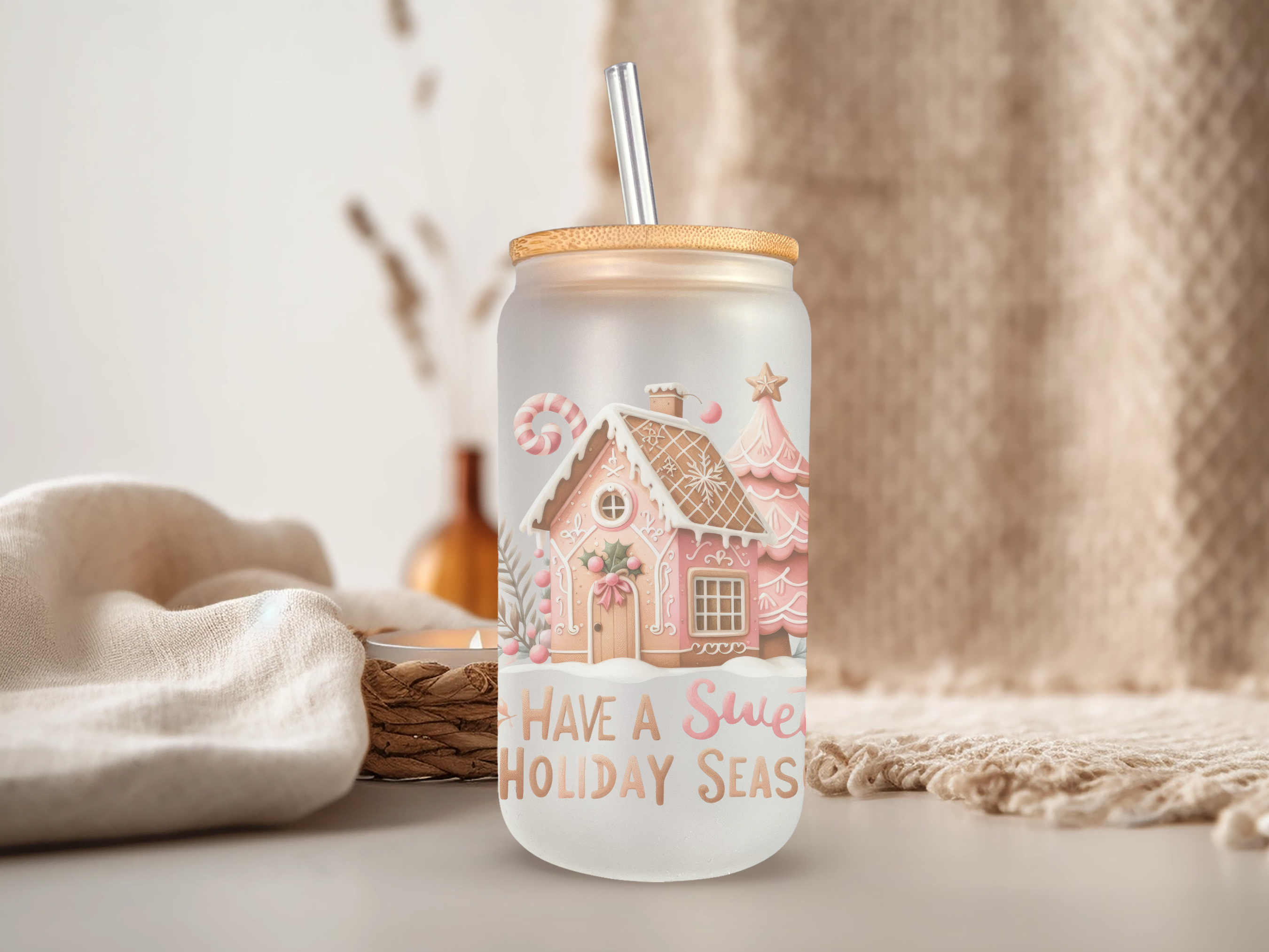 18oz Personalized  Frosted Glass Tumbler with Pink Gingerbread #237