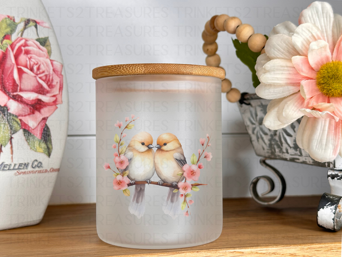 10 oz Frosted Candle Jars with Bamboo Lid/Multi-Purpose Jar/Love Birds/#511