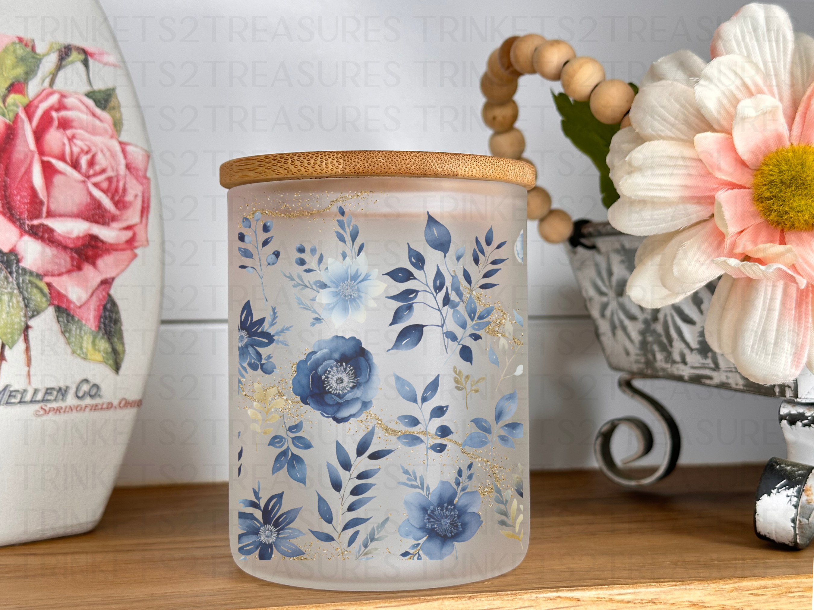 10 oz Frosted Candle Jars with Bamboo Lid/Multi-Purpose Jar/Blue & Gold Flowers/#517