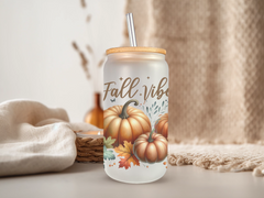 18oz Personalized  Frosted Glass Tumbler With Fall Vibes #229