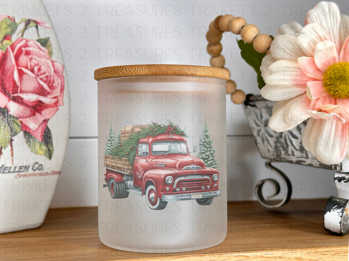 10 oz Frosted Candle Jars with Bamboo Lid/Multi-Purpose Jar/Red Truck/#531