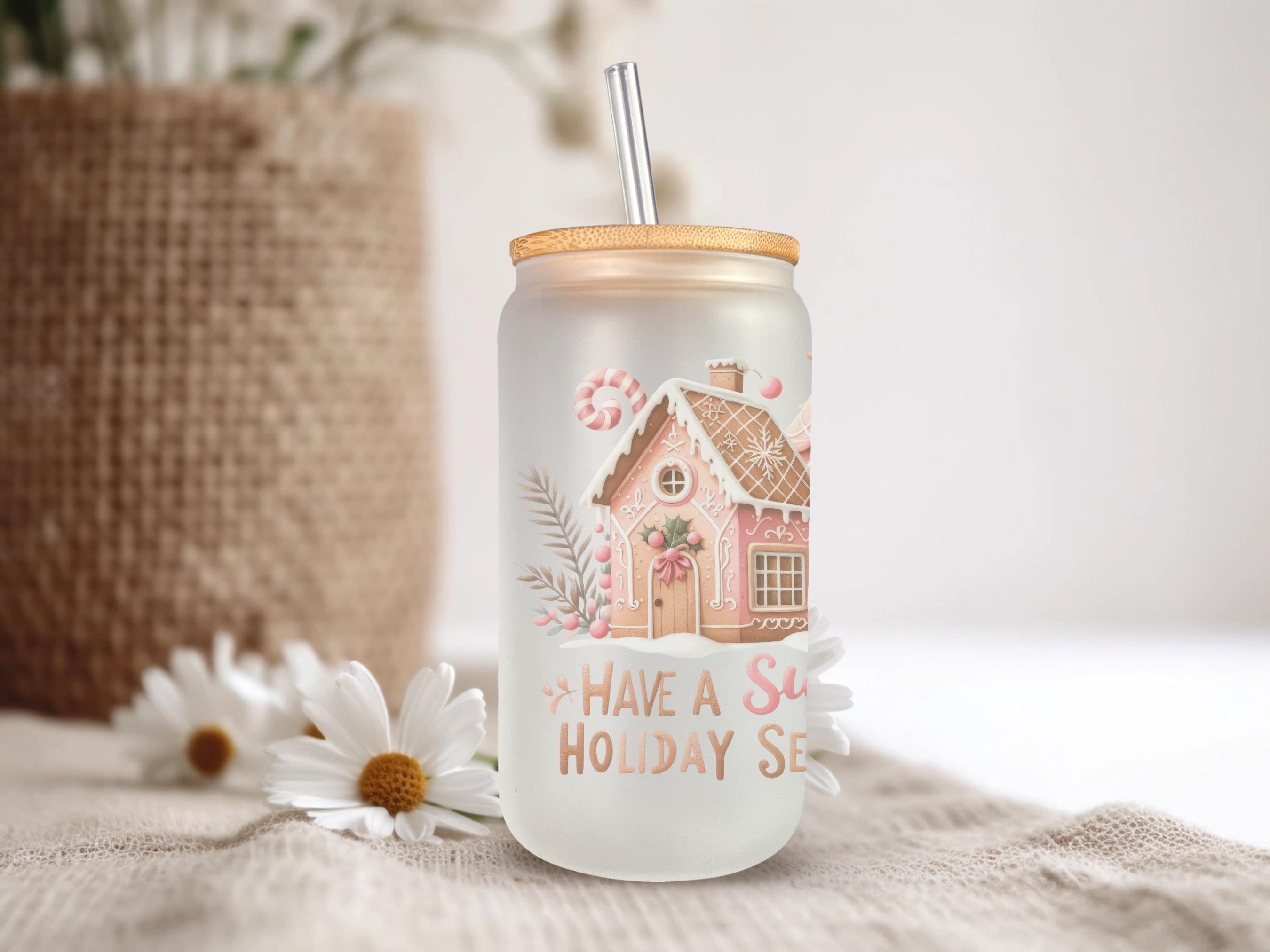 18oz Personalized  Frosted Glass Tumbler with Pink Gingerbread #237