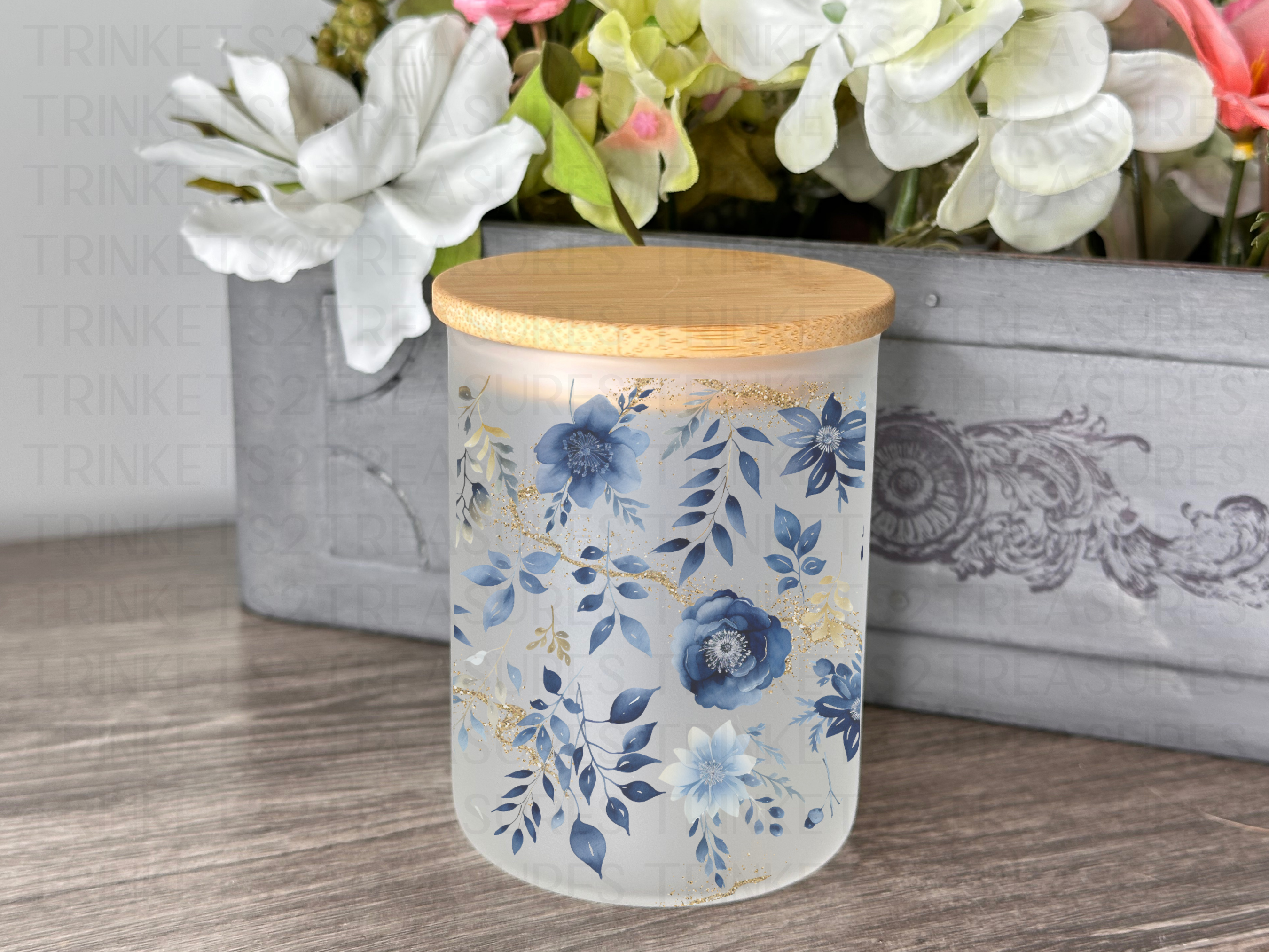 10 oz Frosted Candle Jars with Bamboo Lid/Multi-Purpose Jar/Blue & Gold Flowers/#517