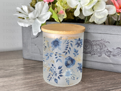 10 oz Frosted Candle Jars with Bamboo Lid/Multi-Purpose Jar/Blue & Gold Flowers/#517