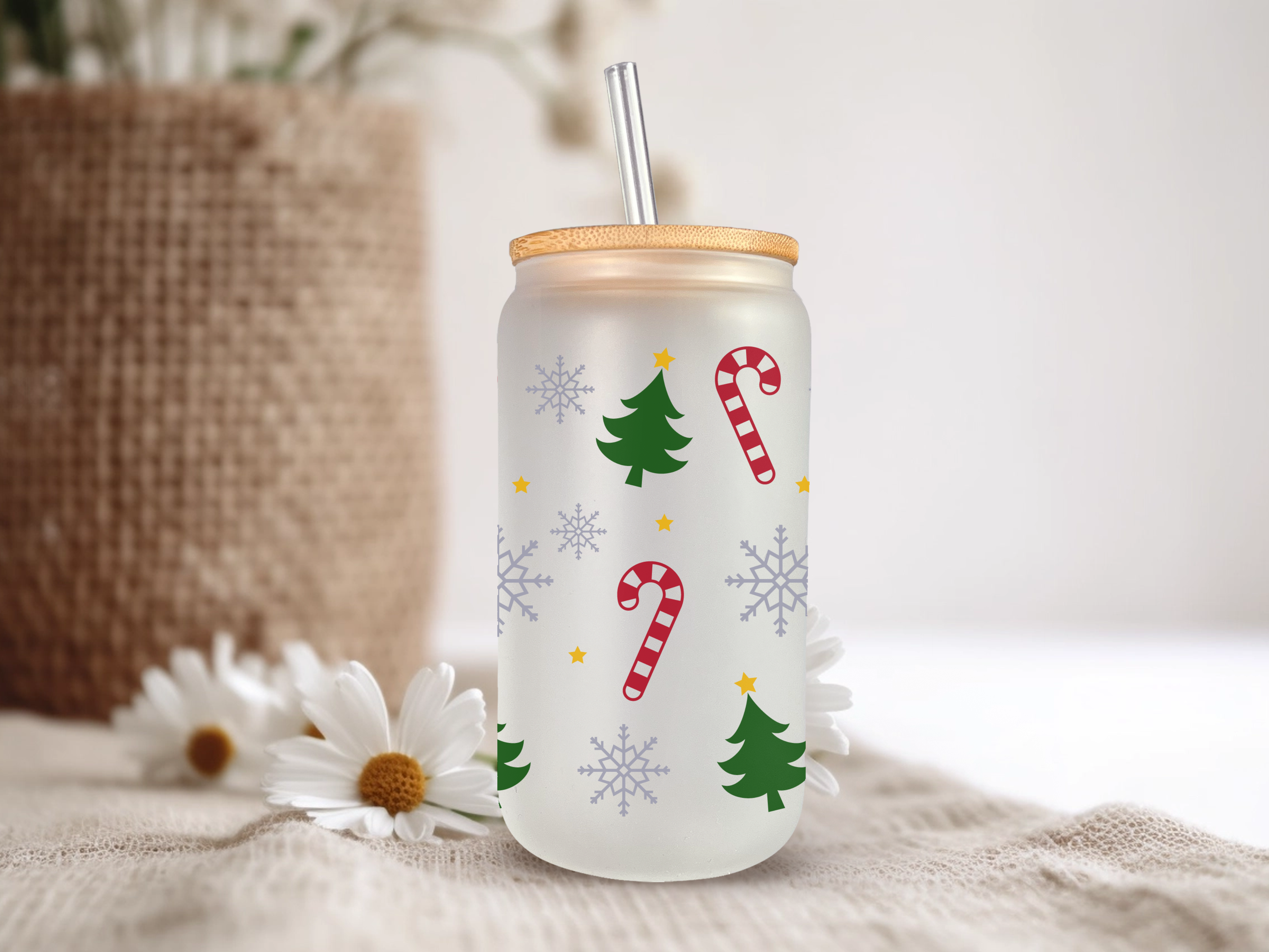 18oz Personalized  Frosted Glass Tumbler with Candy Canes & Christmas #235