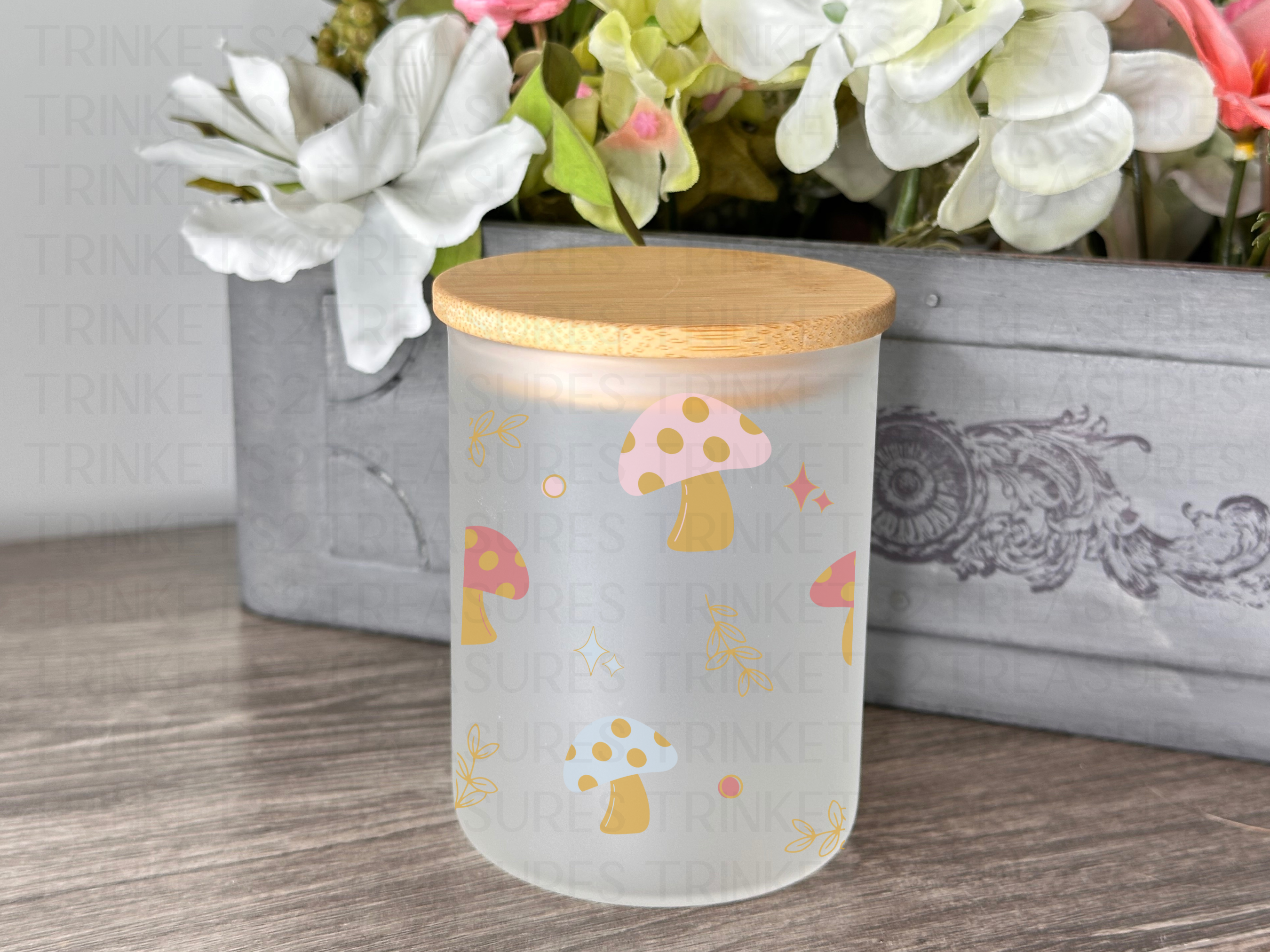 10 oz Frosted Candle Jars with Bamboo Lid/Multi-Purpose Jar/Mushrooms/#505