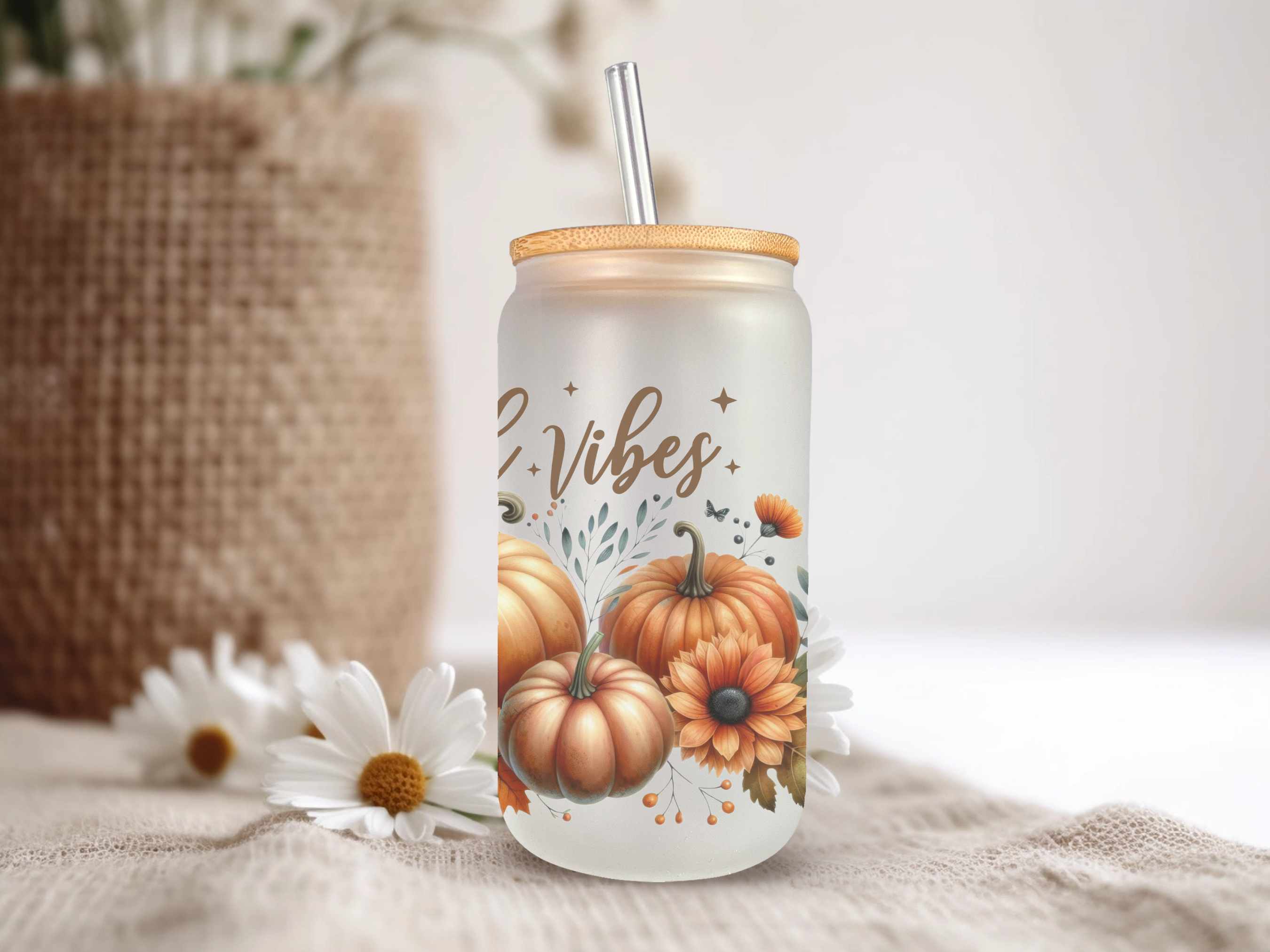 18oz Personalized  Frosted Glass Tumbler With Fall Vibes #229