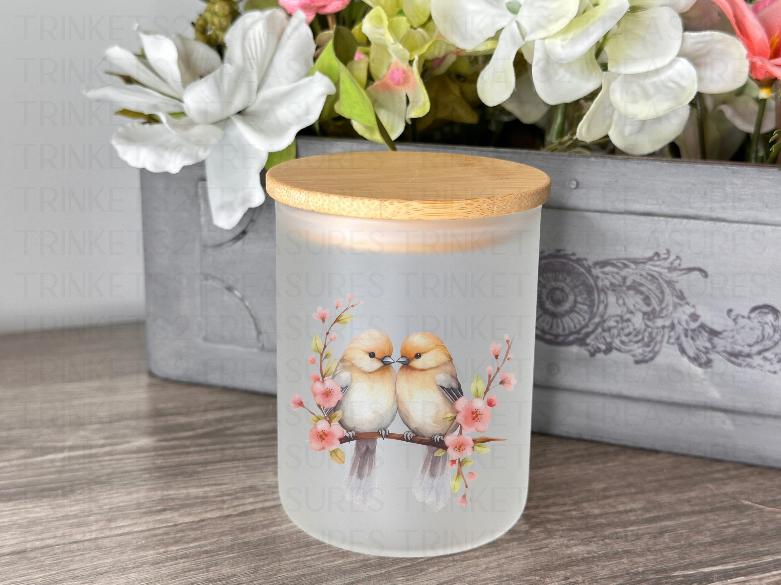 10 oz Frosted Candle Jars with Bamboo Lid/Multi-Purpose Jar/Love Birds/#511