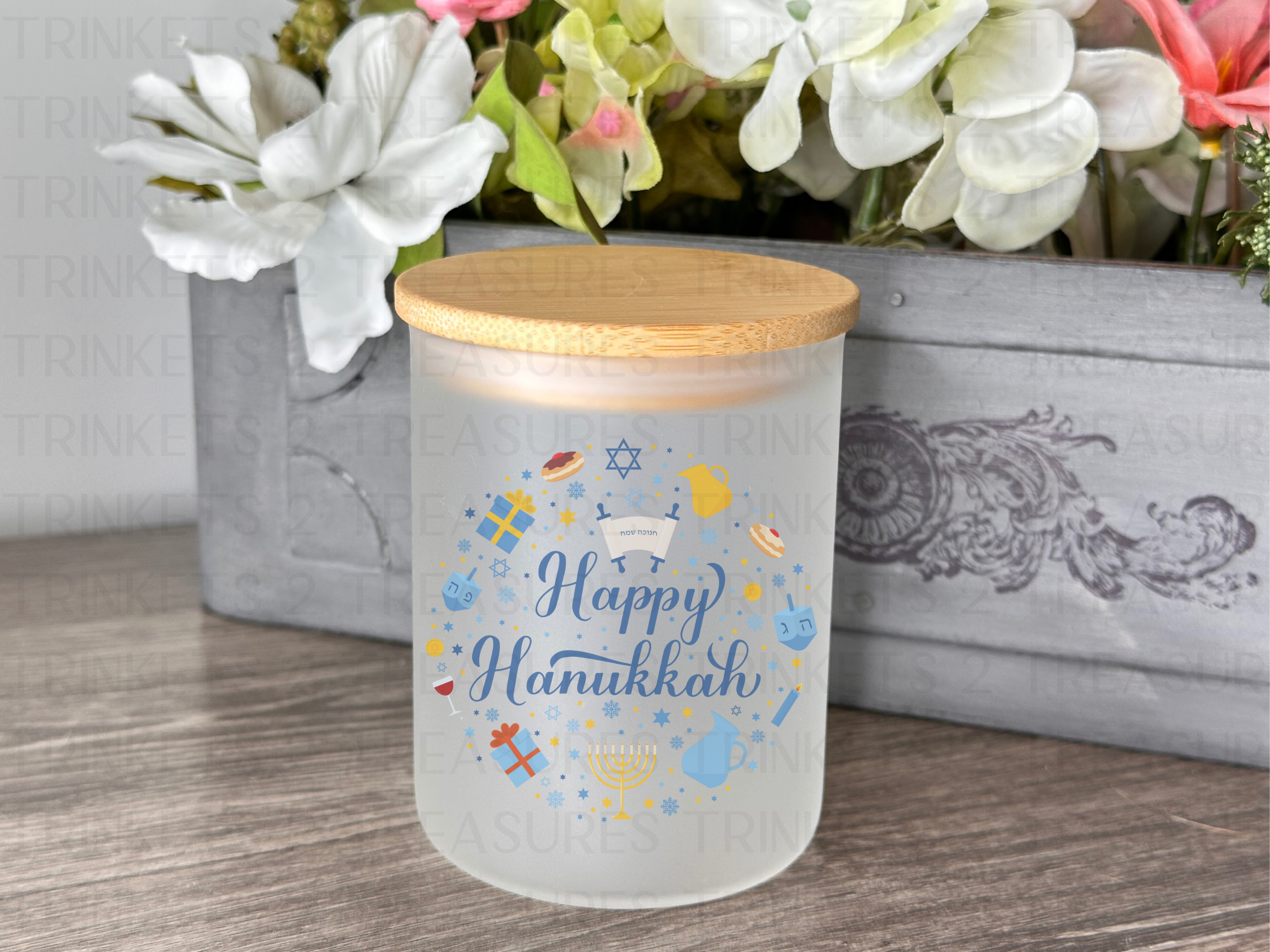 10 oz Frosted Candle Jars with Bamboo Lid/Multi-Purpose Jar/Happy Hanukkah/#534