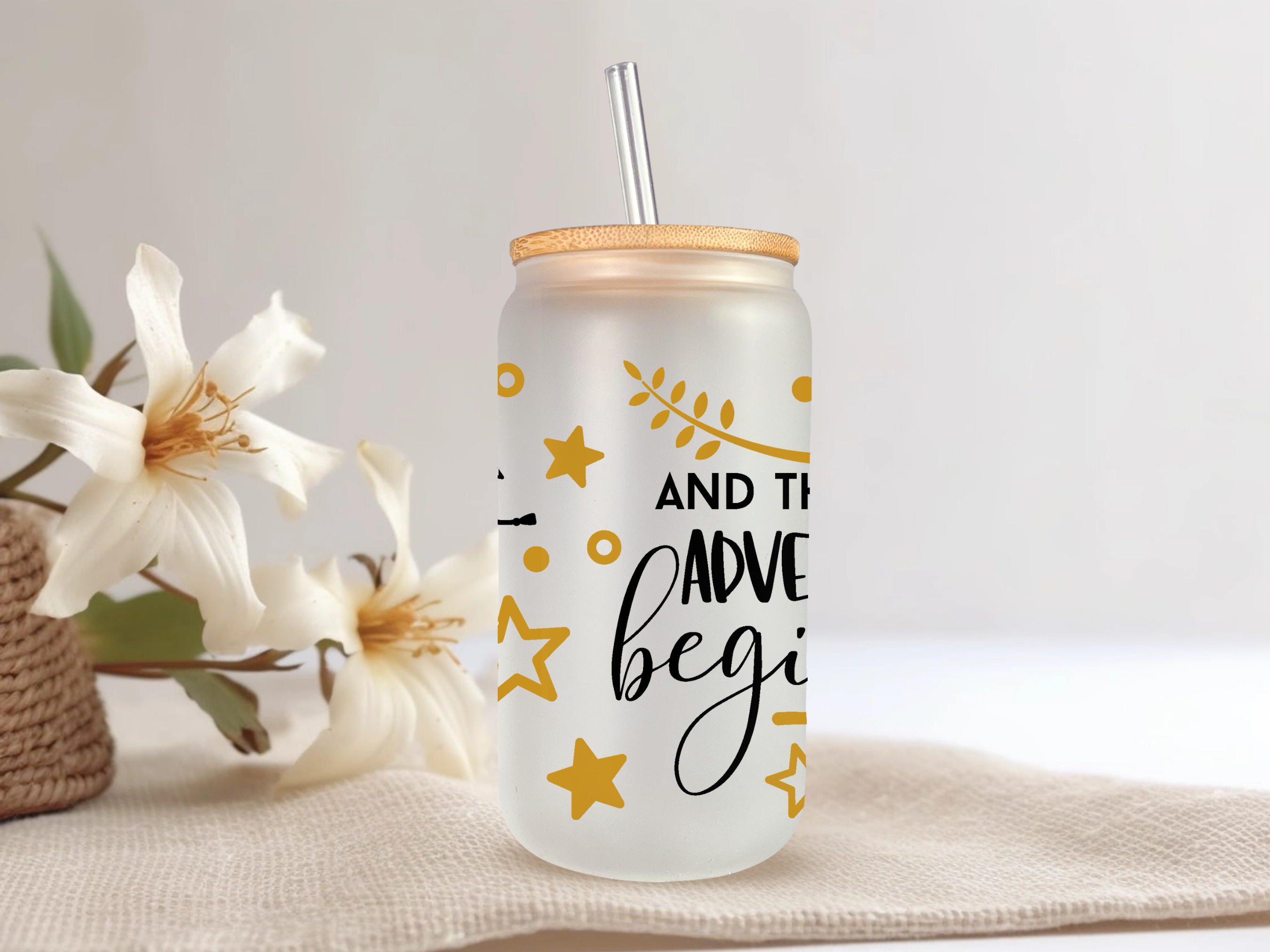 18oz Personalized  Frosted Glass Tumbler with And The Adventure Begins #226