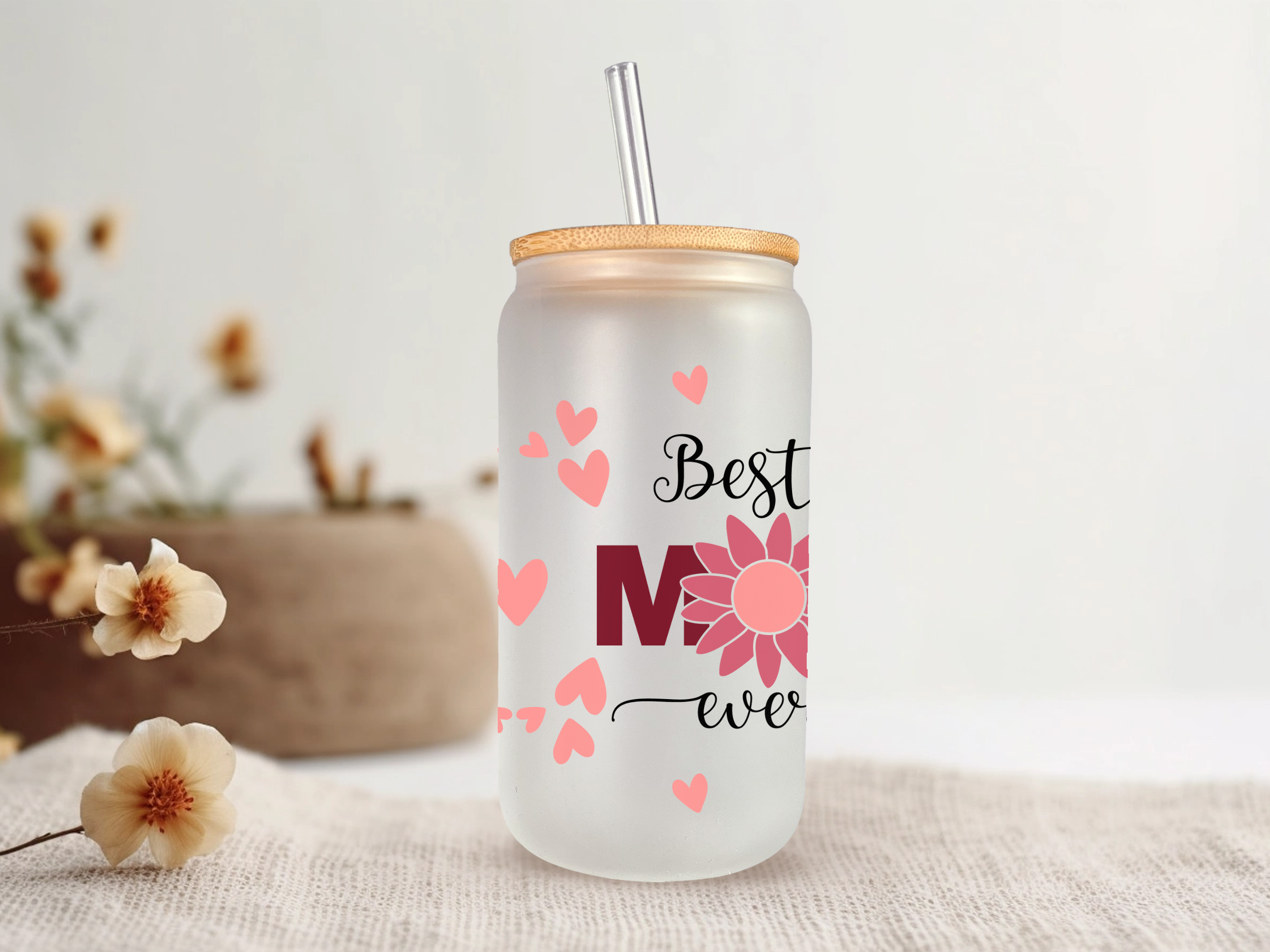 18oz Personalized  Frosted Glass Tumbler with Best Mom Ever #224