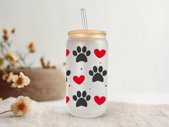 18oz Personalized  Frosted Glass Tumbler with Dog Paws & Hearts #222