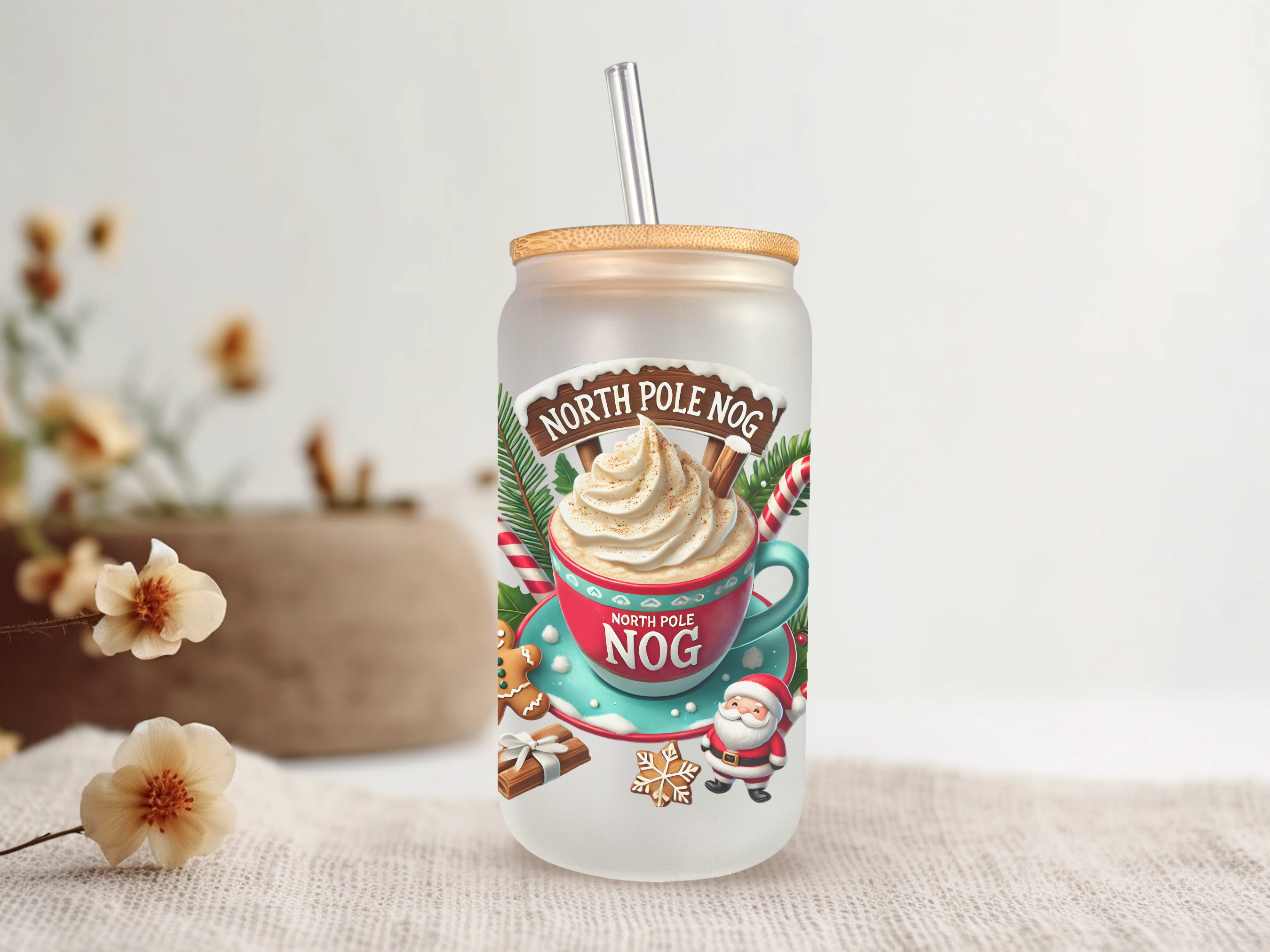 18oz Personalized  Frosted Glass Tumbler with North Pole Nog #238