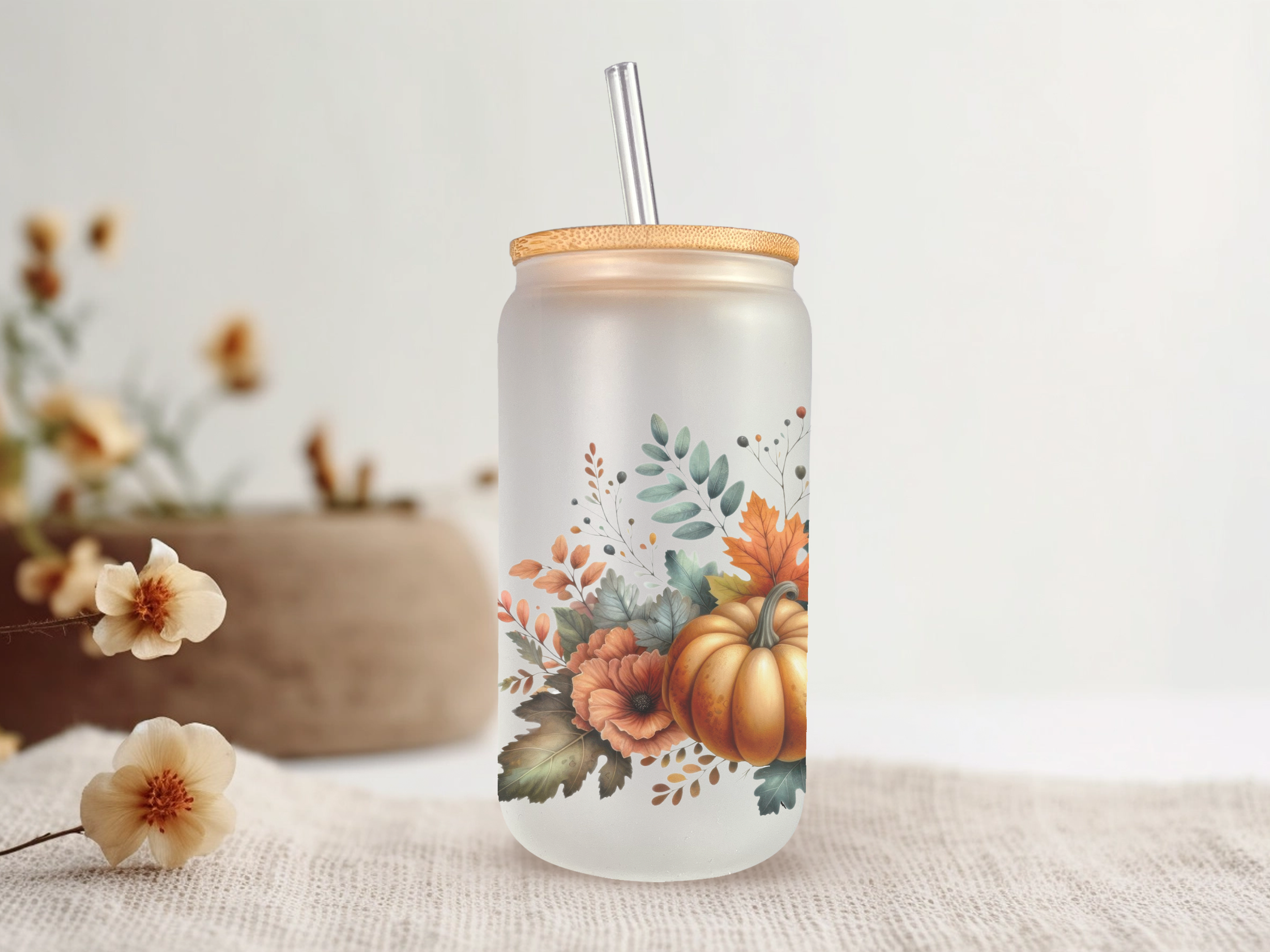 18oz Personalized  Frosted Glass Tumbler With Fall Vibes #229