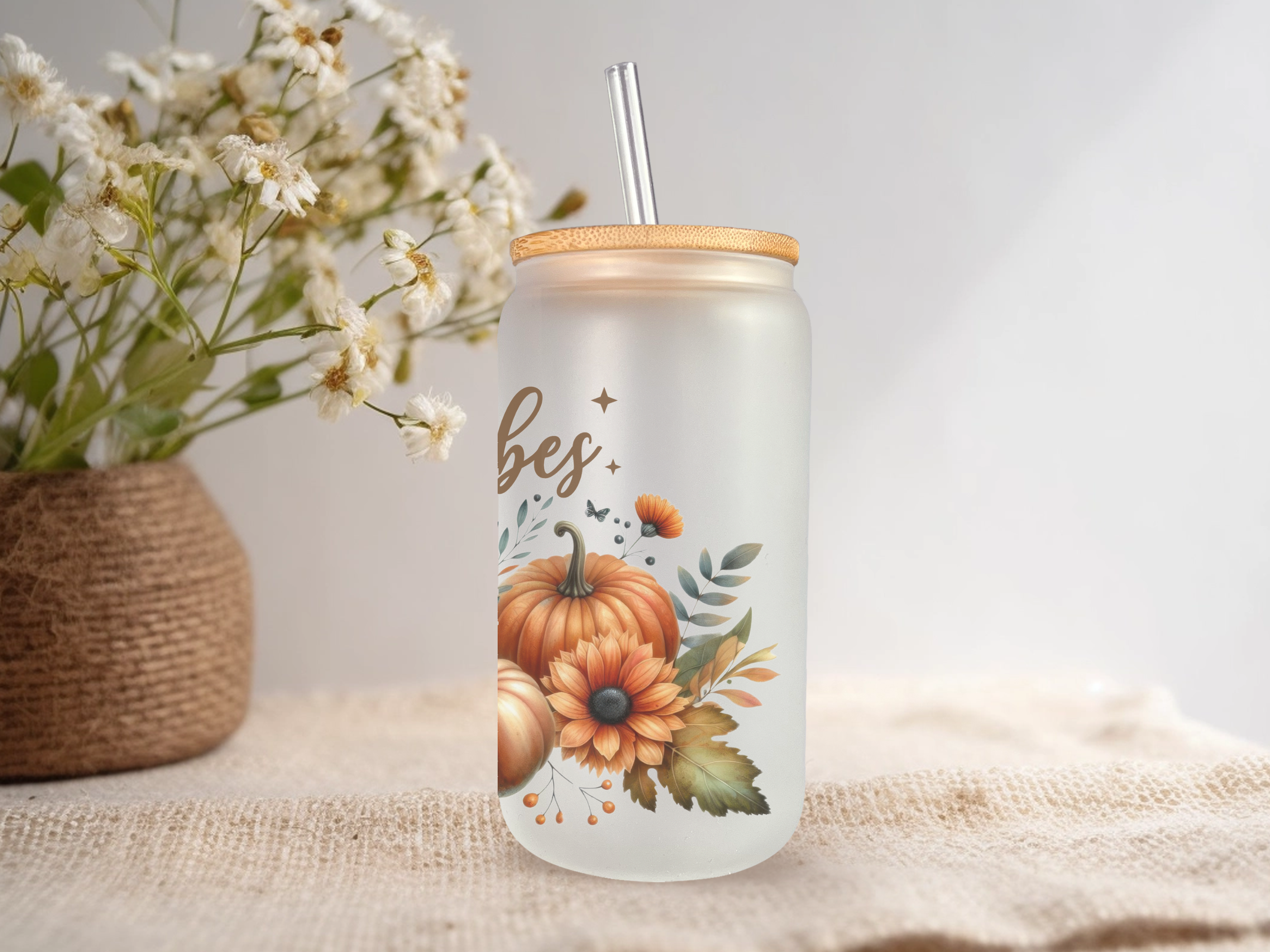 18oz Personalized  Frosted Glass Tumbler With Fall Vibes #229