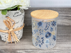 10 oz Frosted Candle Jars with Bamboo Lid/Multi-Purpose Jar/Blue & Gold Flowers/#517