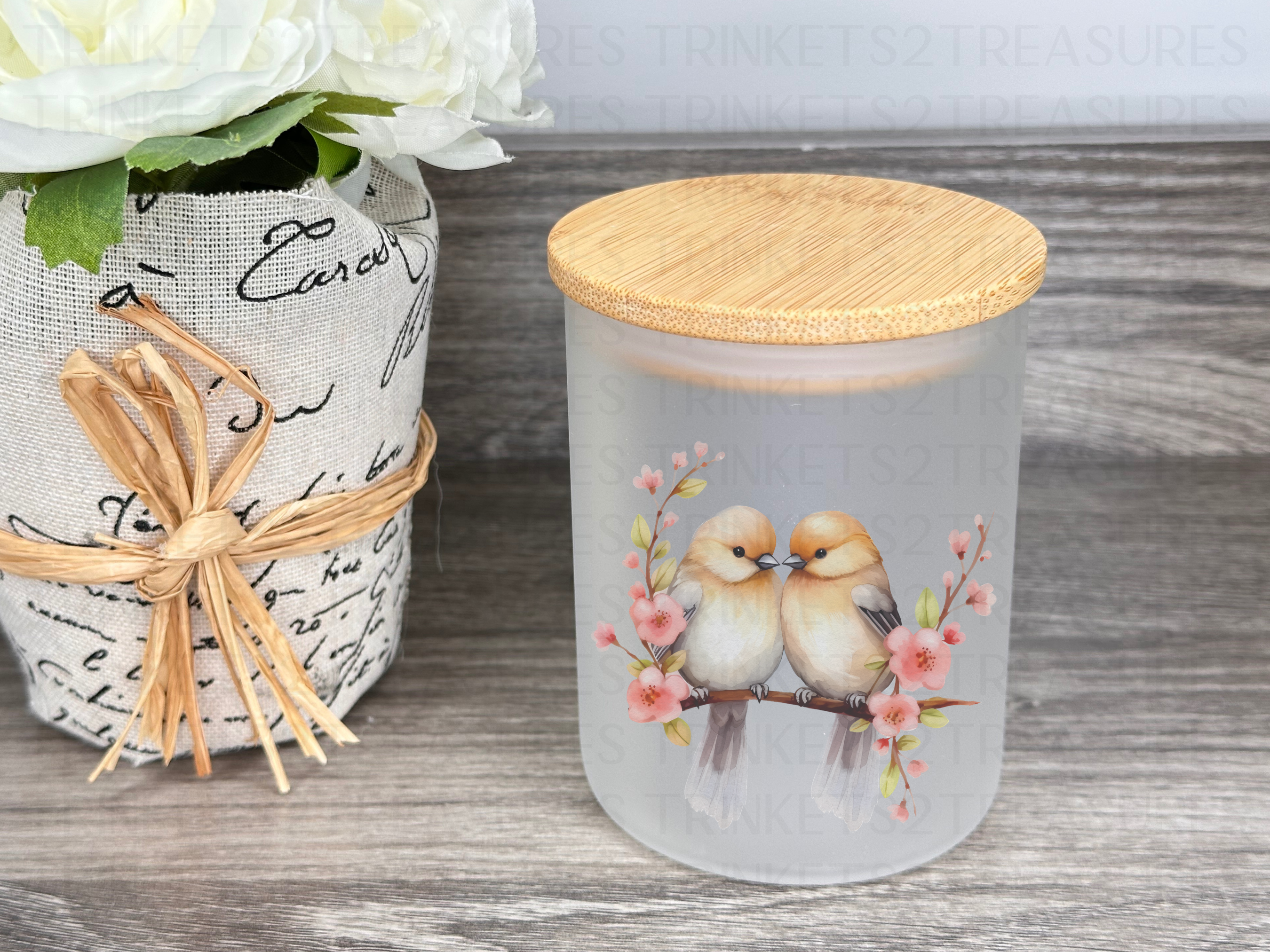 10 oz Frosted Candle Jars with Bamboo Lid/Multi-Purpose Jar/Love Birds/#511