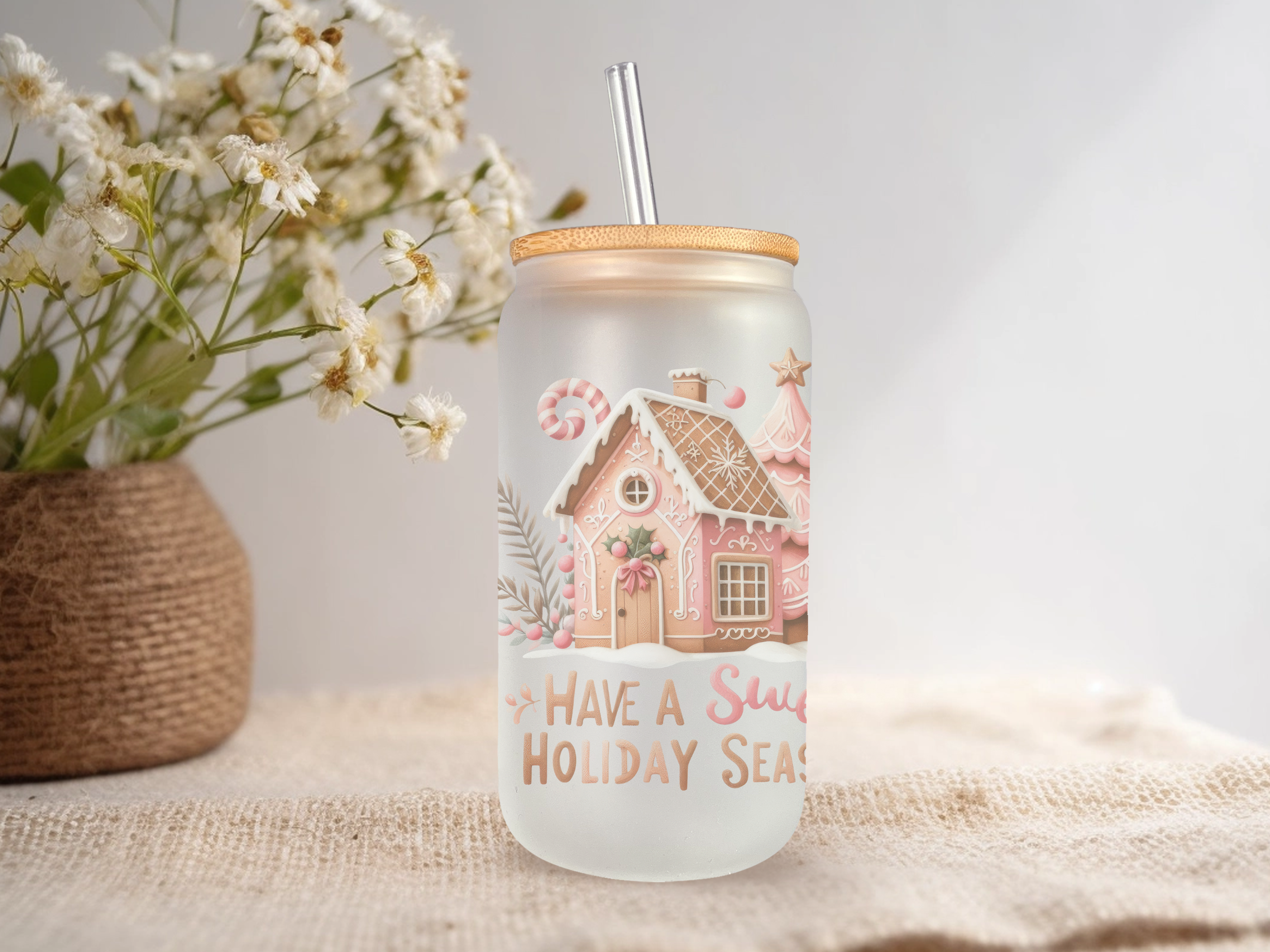 18oz Personalized  Frosted Glass Tumbler with Pink Gingerbread #237