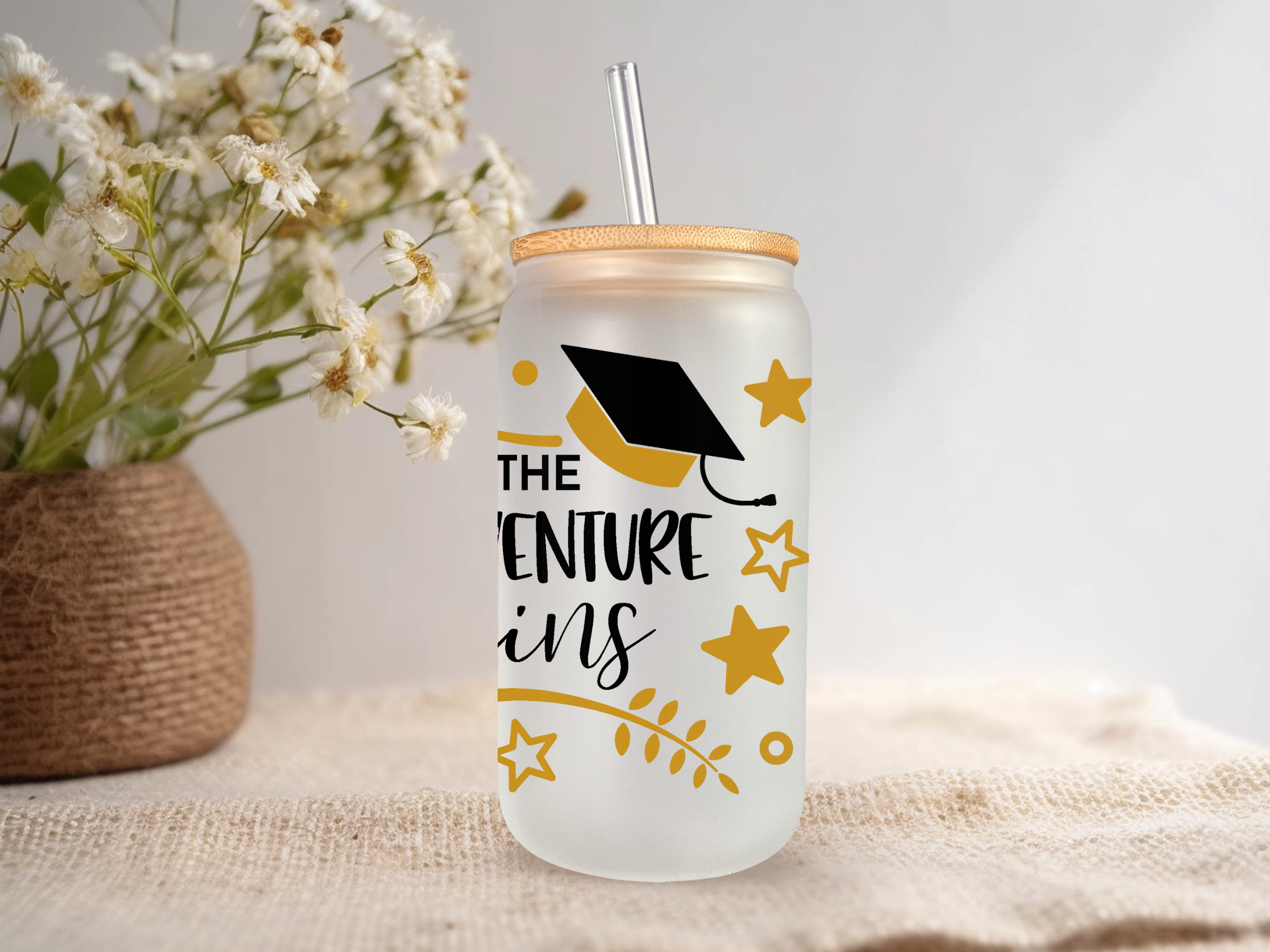 18oz Personalized  Frosted Glass Tumbler with And The Adventure Begins #226