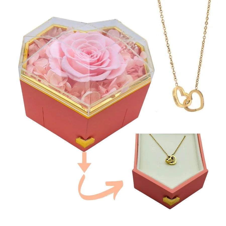 Heart Rose Gift Box - W/ Engraved Necklace & Real Rose