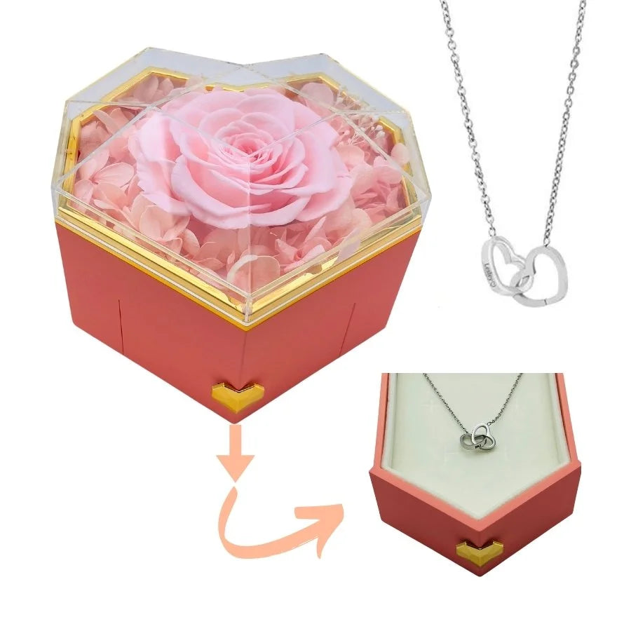 Heart Rose Gift Box - W/ Engraved Necklace & Real Rose