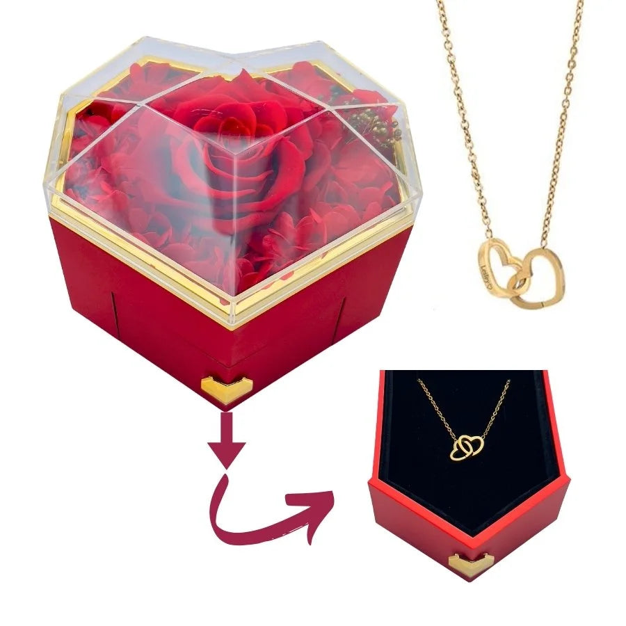 Heart Rose Gift Box - W/ Engraved Necklace & Real Rose