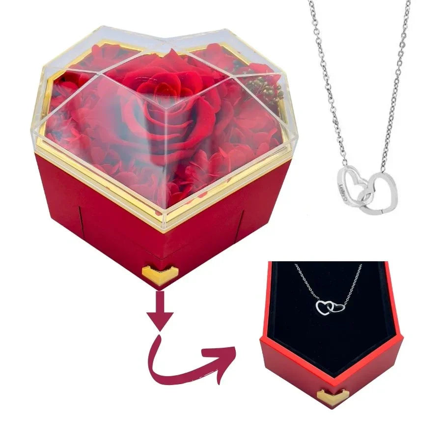 Heart Rose Gift Box - W/ Engraved Necklace & Real Rose