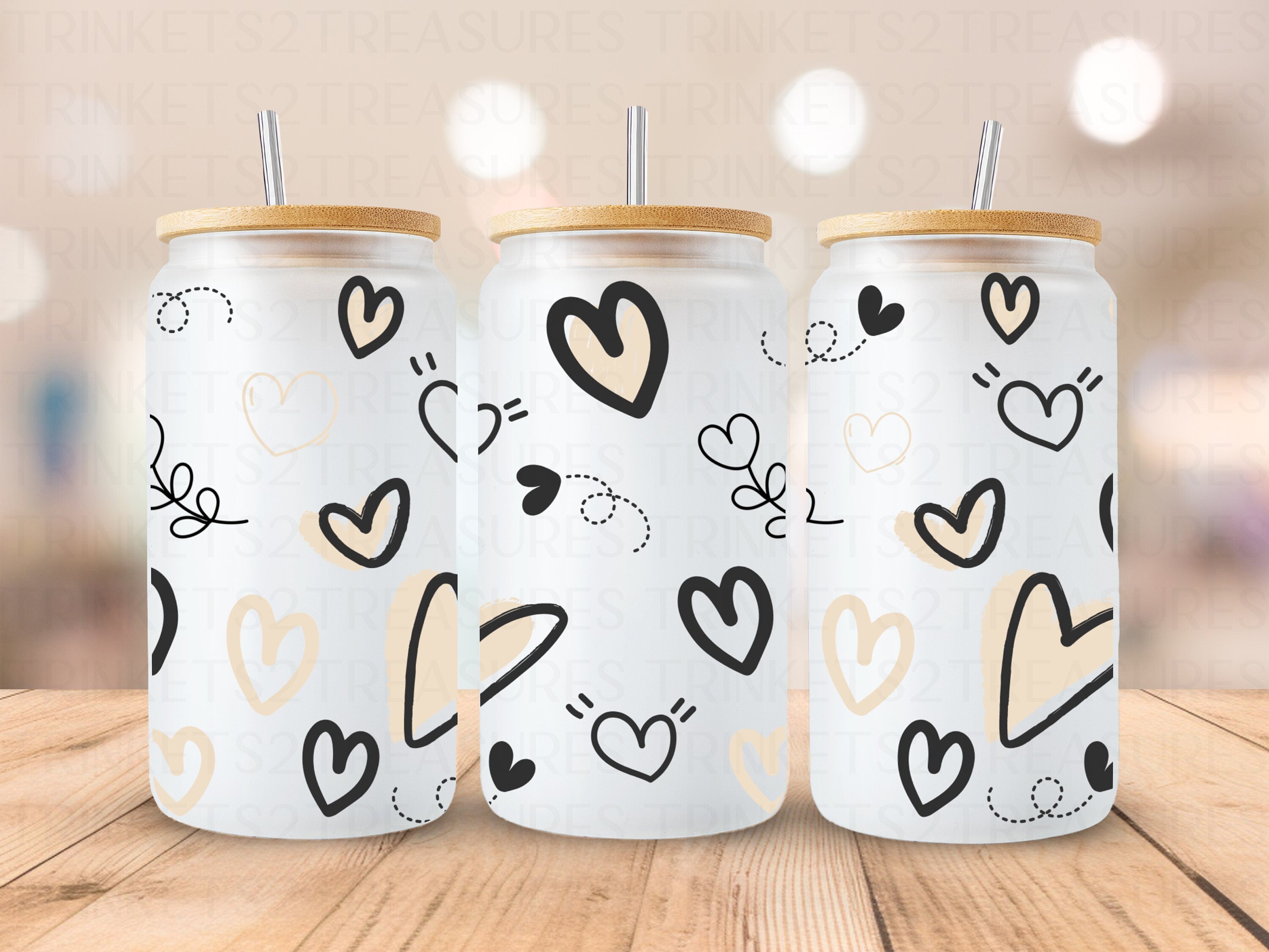 18oz Personalized  Frosted Glass Tumbler with Black and Cream Hearts/#210