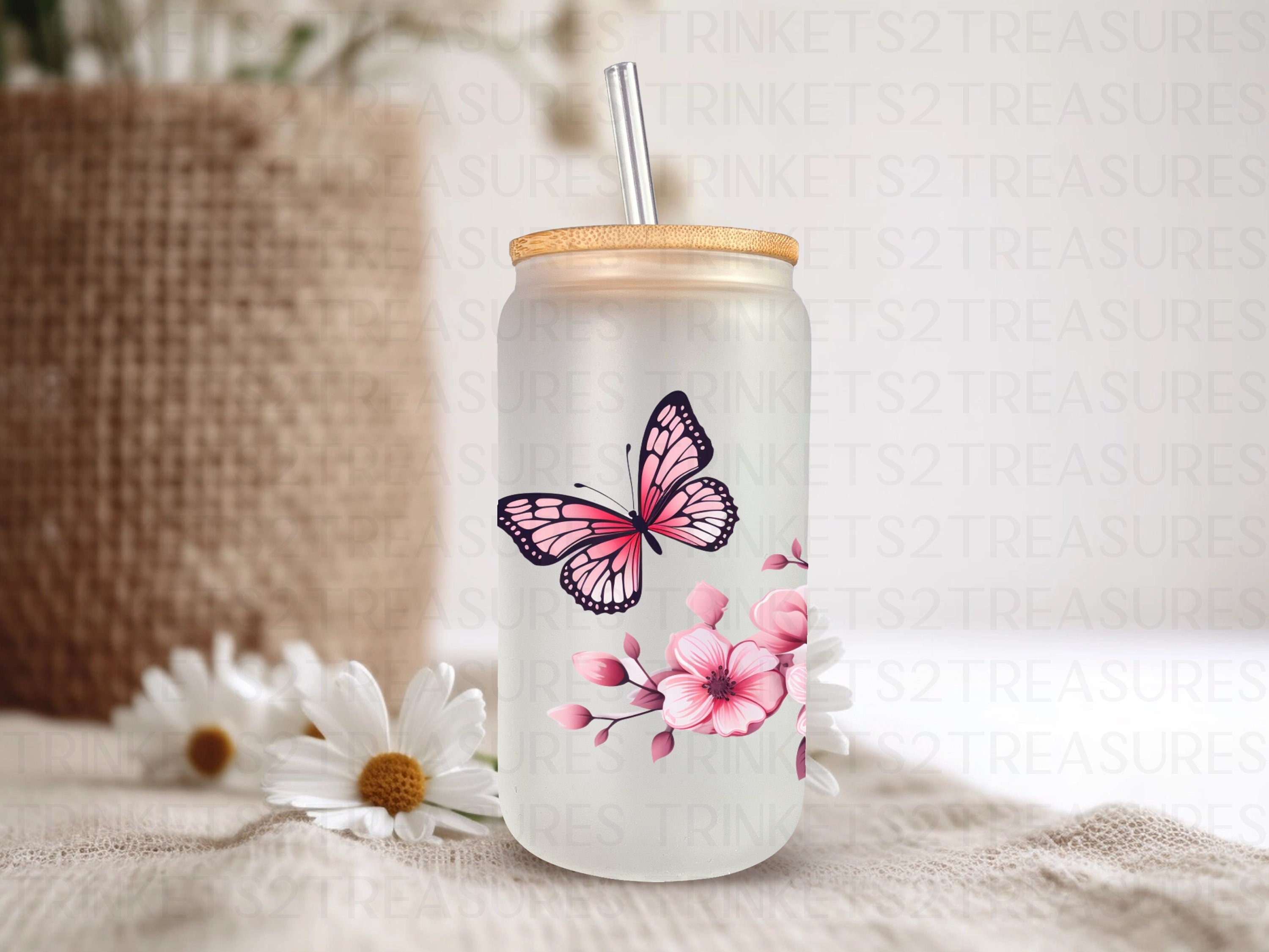 18 oz Personalized Frosted Glass Tumbler with Bamboo Lid & Glass Straw/Pink Flowers and Butterflies/#211