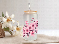 18oz Glass Can Pink Flowers and Butterfly #211