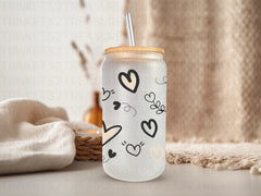 18oz Glass Can Black and Cream Heart Design #210