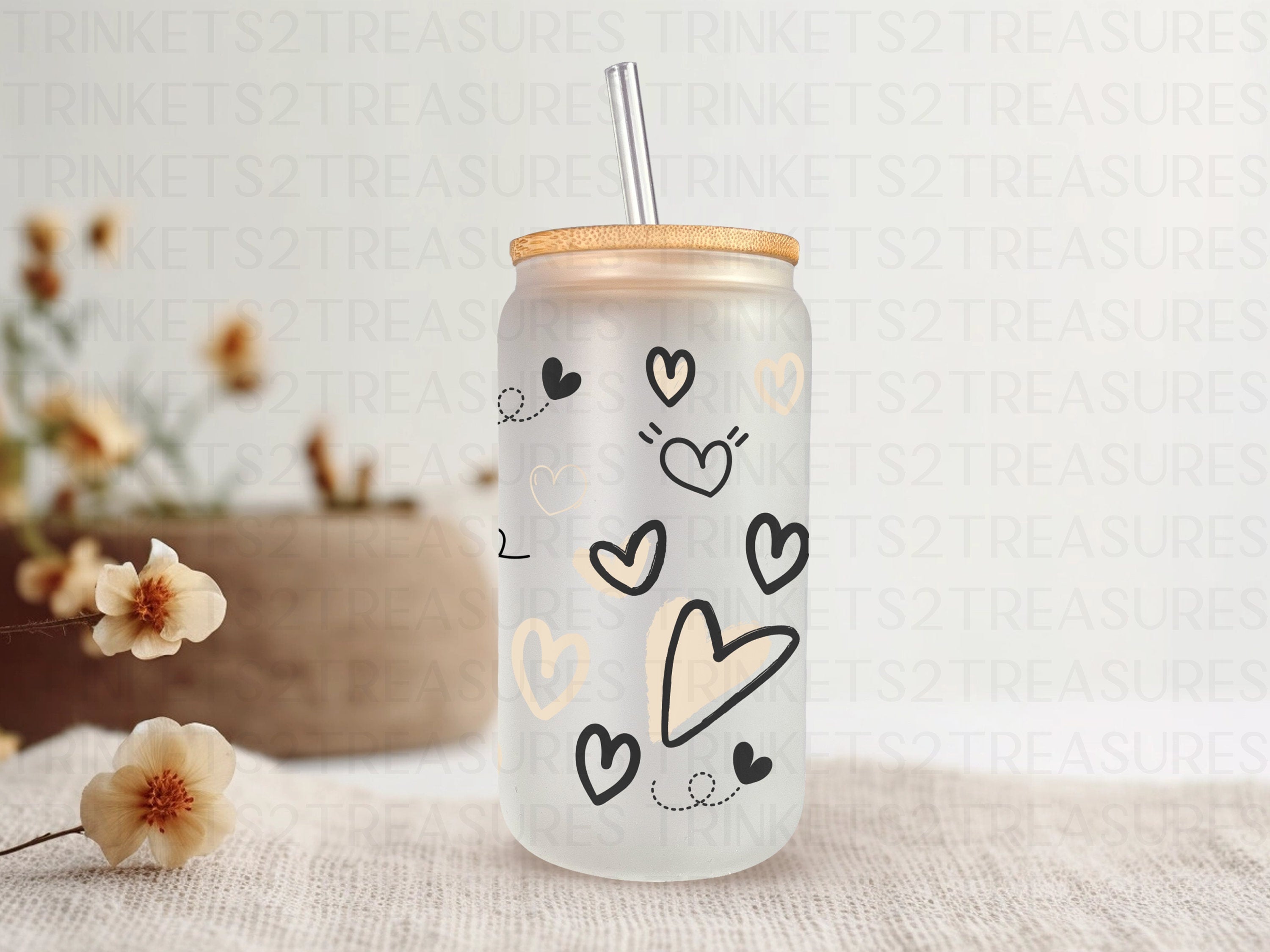 18oz Personalized  Frosted Glass Tumbler with Black and Cream Hearts/#210