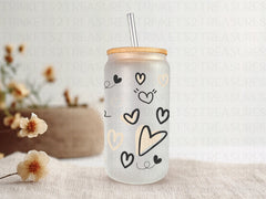 18oz Personalized  Frosted Glass Tumbler with Black and Cream Hearts/#210