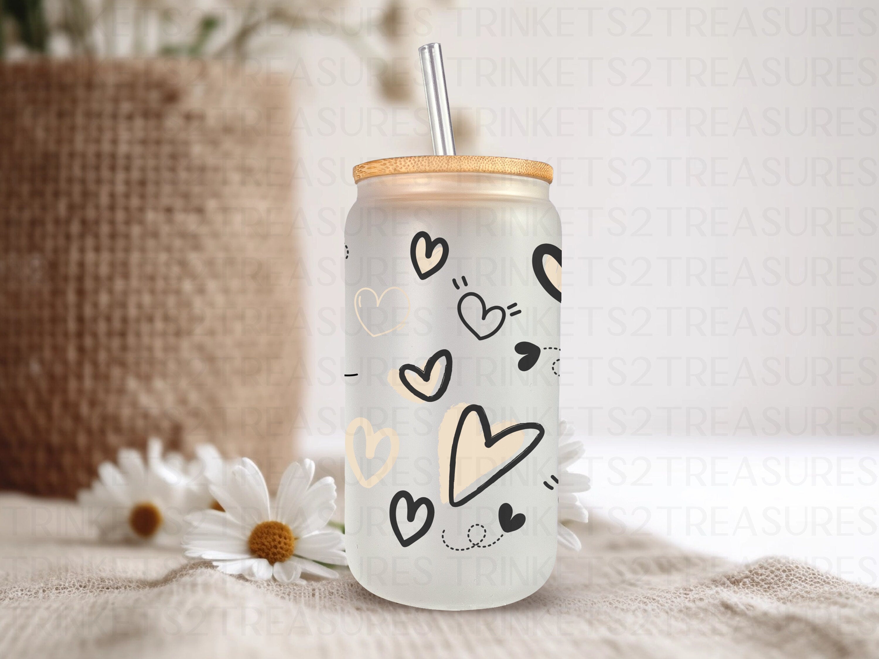 18oz Personalized  Frosted Glass Tumbler with Black and Cream Hearts/#210