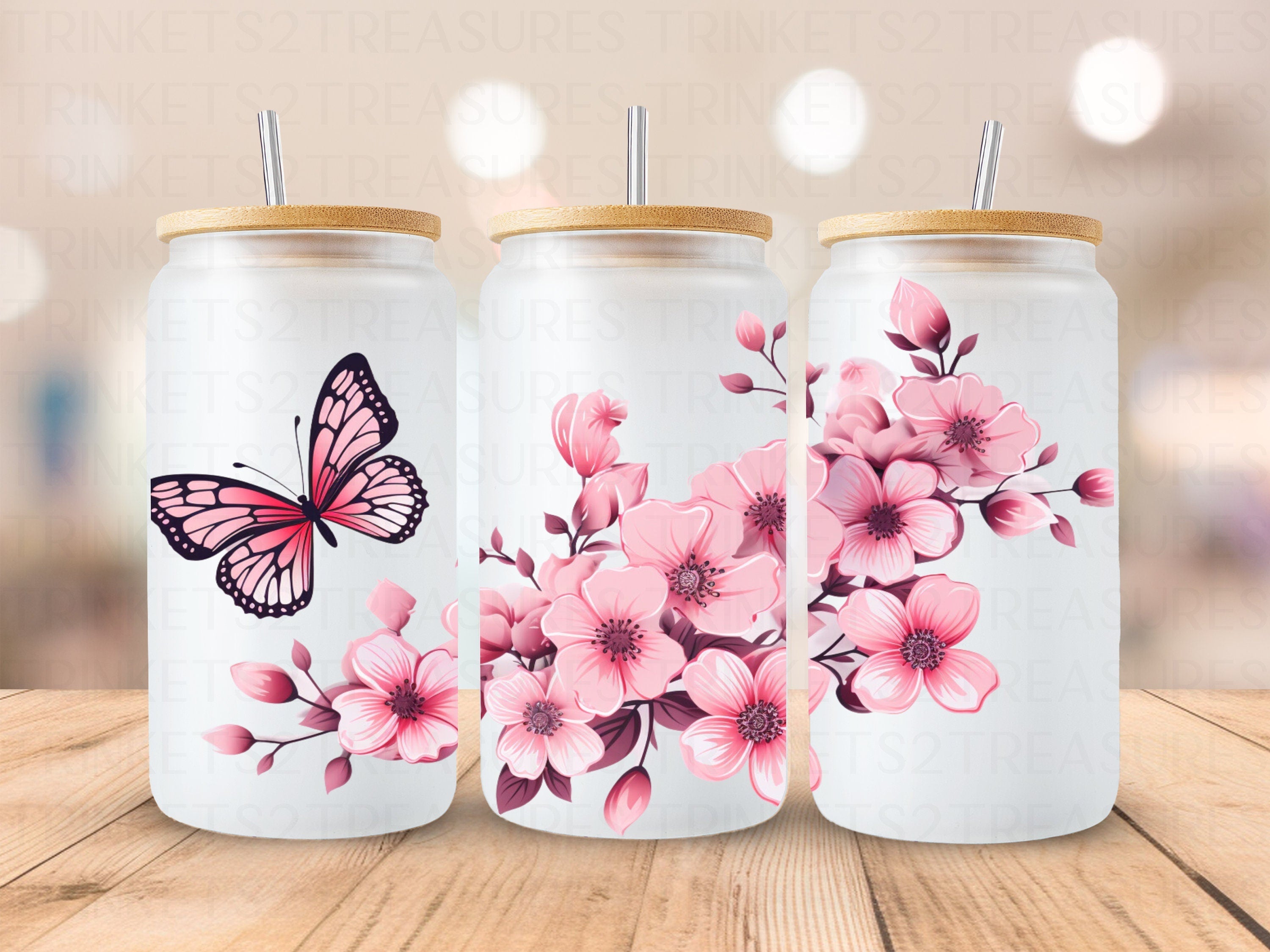 18 oz Personalized Frosted Glass Tumbler with Bamboo Lid & Glass Straw/Pink Flowers and Butterflies/#211