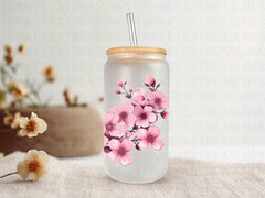 18 oz Personalized Frosted Glass Tumbler with Bamboo Lid & Glass Straw/Pink Flowers and Butterflies/#211